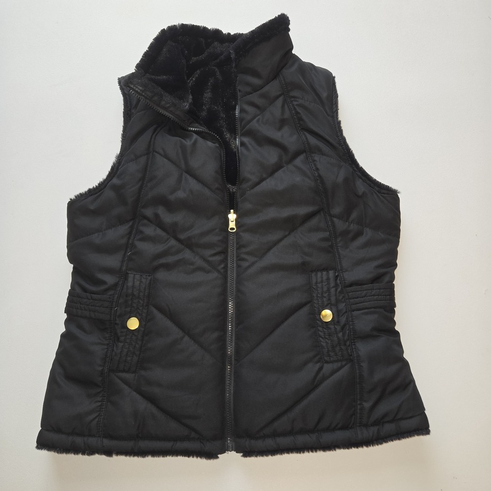 KC Collections Reversible Faux Fur Quilted Vest Black Women's Large‎ Gold Button